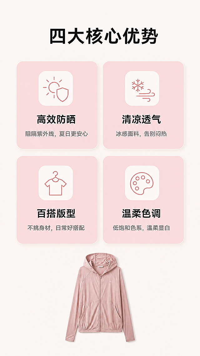 [第3屏] 核心卖点-四栏卖点可视化展示。本屏使用【图1】提取产品作为核心参考，保持粉色调性与产品风格一致。
[氛围/风格] 简约干净信息风，清晰易懂，保持与整体一致的温柔浅粉系商业风格。
[元素布局] 页面顶部放置大标题，下方分为四个等面积卡片，每个卡片展示一个核心卖点：卡片上方配简约圆角图标，图标下方是卖点标题，标题下方是短句描述。防晒衣小示意图放在页面底部居中，占比不超过页面15%，整体留白充足不拥挤。
[光影质感] 整体光线均匀明亮，卡片带有柔和阴影，层次清晰，文字清晰突出。
[配色色系] 全局底色：#F9F6F3（浅米白）；主体配色：#F2B7C1（浅粉卡片）；文字配色：#212121黑色标题，#616161灰色描述。
[视角构图] 纯信息平面排版，从上到下依次为标题-四卡片-产品小图，居中对称构图，信息层级清晰。
[文字版式] 顶部标题「四大核心优势」加粗黑色居中；每个卖点卡片：主标题分别为「高效防晒」「清凉透气」「百搭版型」「温柔色调」，下方短句描述分别为「阻隔紫外线，夏日更安心」「冰感面料，告别闷热」「不挑身材，日常好搭配」「低饱和色系，温柔显白」，字体大小层次分明，居中对齐，文字清晰。
[比例分辨率] 9:16竖版比例，4K分辨率，文字清晰可辨，超高清。
[负向提示词] 图标变形，文字重叠，颜色杂乱，产品变形，水印，文字错乱，配色刺眼，背景杂乱。
