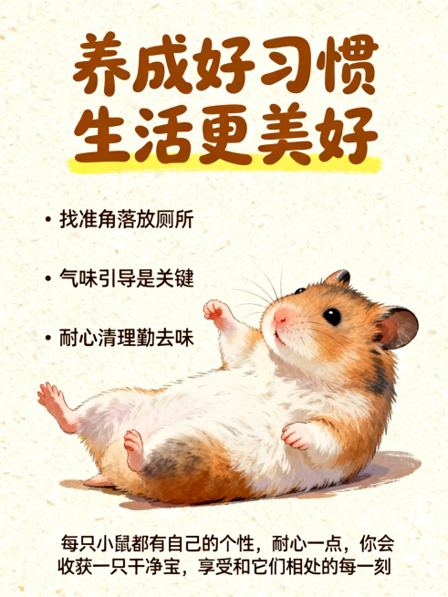 淡奶油色磨砂纹理背景，一只干净清爽的小仓鼠惬意地伸着懒腰，画面上方是大号焦糖棕圆润手写体标题“养成好习惯生活更美好”，带黄色高光底线，下方依次排列“找准角落放厕所”“气味引导是关键”“耐心清理勤去味”预览效果