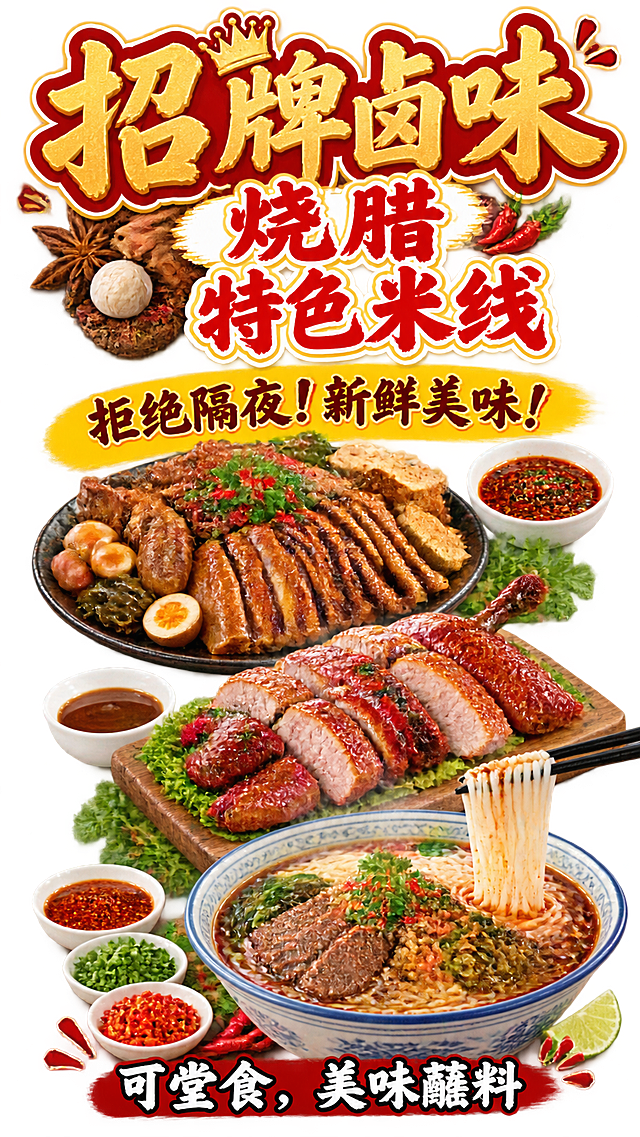基于参考图的醒目菜单排版风格，设计第二款竖版餐饮店玻璃贴，比例为宽9:高20，纯透明背景（PNG透明底，无任何底色、无背景板、无边框底），画面中只有文字与食物配图元素。内容：顶部大标题“招牌卤味，烧腊，特色米线”，其中“招牌卤味”为主标题使用金色描边深红粗体艺术字，“烧腊”“特色米线”以红色粗体字分行排列；副标题“拒绝隔夜!新鲜美味!”用亮黄色/金色描边文字横向排在标题下方，带感叹号；底部小字“可堂食，美味蘸料”使用白色粗描边小字。配图部分：添加诱人的卤味拼盘、油亮烧腊、热腾腾米线三组写实美食照片，垂直排布在标题下方或两侧，搭配蘸料碟、香菜辣椒等装饰，画面饱满吸引眼球。整体配色以深红、金、白为主，风格参考图为深色背景菜单但本款必须保持透明背景，文字边缘使用描边保证在玻璃上清晰可读，食欲感强。所有文字必须完整、准确、清晰可读。
