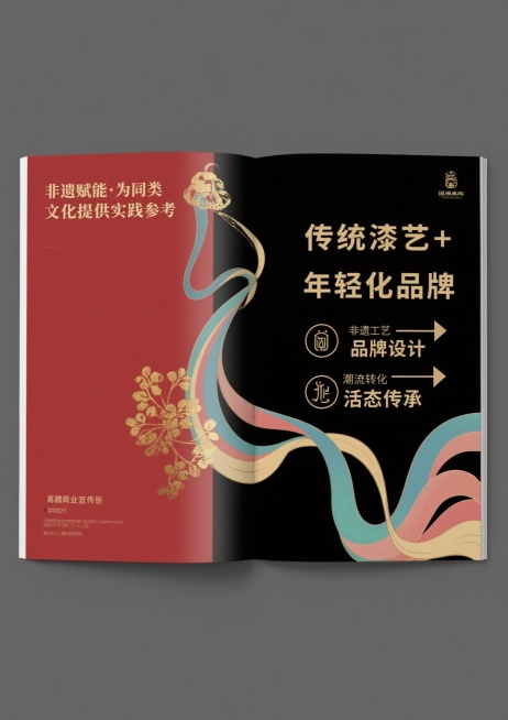 核心风格要求（所有页面通用前缀）：国潮风，融合大漆非遗技艺元素（漆色、漆纹、漆工艺细节），现代简约审美，色彩以大漆经典色（朱红、乌黑、明黄、石青）为主，搭配低饱和辅助色，画面细腻有质感，版式干净留白合预览效果