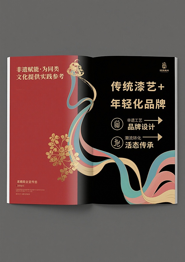 核心风格要求（所有页面通用前缀）：国潮风，融合大漆非遗技艺元素（漆色、漆纹、漆工艺细节），现代简约审美，色彩以大漆经典色（朱红、乌黑、明黄、石青）为主，搭配低饱和辅助色，画面细腻有质感，版式干净留白合理，符合品牌年轻化定位，高清商业宣传册质感，300dpi，适合印刷第1页：封面提示词：国潮风品牌宣传册封面，主体展示“漆造”品牌Logo，Logo融入大漆髹涂纹理，背景为渐变朱红大漆底色，点缀细金漆线条勾勒的传统缠枝纹，右上角标注核心定位“千年大漆，玩转出圈”，右下角小字“非遗大漆年轻化品牌”，整体风格大气简约，视觉中心突出，无多余元素第2页：品牌引言·何为漆造提示词：国潮风宣传册内页，左侧大面积留白，用乌黑漆色书写标题“何为漆造”（书法字体），下方配小字“以漆为媒，连接传统与当下”；右侧分上下两个小版块，上方是浅米色背景搭配朱红漆线勾勒的大漆树简笔画，下方是简洁文字区域（文字内容占位符：“漆造，立足大漆非遗年轻化传播，打破技艺认知门槛，让千年漆艺走进当代生活”），画面左侧加1条细石青漆色竖线分割，整体雅致有呼吸感第3页：核心定位·千年大漆 玩转出圈提示词：国潮风宣传册内页，版式左右分栏，左侧朱红大漆底色，用金色字体突出核心定位“千年大漆，玩转出圈”，背景暗纹为大漆推光工艺的细腻光泽纹理；右侧浅灰色背景，上方是“定位解读”标题（石青漆色），下方用简洁图标+文字占位符呈现核心逻辑：“传统漆艺传承+潮流载体创新+情感互动体验”，每个逻辑点搭配简约漆艺元素图标（漆刷、潮流配饰、握手符号）第4页：非遗底蕴·大漆的千年传承提示词：国潮风宣传册内页，上方通栏展示大漆技艺历史场景简绘（低饱和度水墨风格，描绘古代工匠髹漆场景），下方分两栏，左栏标题“大漆非遗的文化内涵”（乌黑漆色），配朱红漆色细边框；右栏标题“千年技艺的当代价值”（乌黑漆色），同样配朱红漆色细边框，两栏均预留文字占位符区域，背景点缀细微漆粉质感纹理第5页：品牌Logo设计解析提示词：国潮风宣传册内页，左侧主体展示“漆造”Logo完整图形，Logo采用朱红与乌黑撞色，融入大漆缠枝纹与“漆”字意象，右侧分三个小版块，分别标注“色彩寓意”“纹样灵感”“字体设计”，每个版块搭配对应简约图标（调色盘、缠枝纹、字体符号），背景为浅米色，所有分割线采用石青漆色，突出设计细节第6页：品牌IP形象·漆小匠提示词：国潮风宣传册内页，左侧大面积展示IP形象“漆小匠”全身图（卡通形象，身着融合漆艺元素的潮流服饰，手持漆刷，面带微笑，形象活泼可爱），右侧展示IP三个不同动作表情（挥手、举产品、讲解漆艺），下方标注IP形象定位“漆艺文化传播小使者”，背景为浅灰色，点缀朱红漆色小圆圈装饰，整体风格童趣且不失国潮质感第7页：产品系列总览·漆造好物提示词：国潮风宣传册内页，上方通栏标题“漆造好物·三大产品系列”（朱红漆色书法字体），下方三栏均等分布，每栏展示一个产品系列的代表性产品缩略图（搭配简约文字标题：“生活美学系列”“潮流配饰系列”“文化纪念系列”），每个缩略图背景为乌黑漆色，点缀细金漆线条，整体版式规整，层次分明第8页：生活美学系列·漆韵日常提示词：国潮风宣传册内页，左侧展示3件生活美学系列产品（漆盘、漆杯、漆收纳盒），产品摆放错落有致，搭配简约绿植点缀，背景为浅米色，突出产品的大漆质感（推光光泽、纹理细节）；右侧为文字区域，标题“漆韵日常”（石青漆色），下方预留产品介绍文字占位符，加朱红漆色细边框装饰第9页：生活美学系列·细节质感提示词：国潮风宣传册内页，采用多图拼接版式，展示生活美学系列产品的细节特写（漆盘的缠枝纹雕刻细节、漆杯的髹涂纹理、收纳盒的开合处工艺），每个特写图搭配简约文字标注（“缠枝纹雕刻”“多层髹涂”“手工打磨”），背景为乌黑漆色，用金色线条分割画面，突出大漆技艺的精湛细节，整体风格高端有质感第10页：潮流配饰系列·漆尚潮流提示词：国潮风宣传册内页，右侧展示4件潮流配饰系列产品（漆手镯、漆项链、漆发簪、漆钥匙扣），产品佩戴在模特手上/颈部（模特只露局部，突出产品），背景为朱红渐变漆色；左侧为文字区域，标题“漆尚潮流”（乌黑漆色），下方预留产品介绍文字占位符，搭配潮流元素图标（爱心、潮流符号），整体风格时尚动感第11页：潮流配饰系列·个性定制提示词：国潮风宣传册内页，左侧展示个性定制流程示意图（图标+文字：选款式→选漆色→加纹样→完成定制），背景为浅灰色，分割线用朱红漆色；右侧展示2件定制款配饰（刻有专属文字的漆手镯、定制纹样的漆项链），产品特写，背景为石青漆色，突出定制的独特性，整体版式清晰易懂第12页：文化纪念系列·漆承文脉提示词：国潮风宣传册内页，上方通栏展示文化纪念系列代表产品（漆制书签、漆制摆件、漆制礼盒），摆放在简约木质展示架上，背景为浅米色，点缀传统文化元素（竹简、印章）；下方为文字区域，标题“漆承文脉”（朱红漆色书法字体），预留产品介绍文字占位符，整体风格庄重且有文化底蕴第13页：情感互动·漆艺体验活动提示词：国潮风宣传册内页，左侧展示漆艺体验活动场景简绘（多人参与手工髹漆，氛围轻松愉悦，低饱和度色彩），右侧分两个版块，上方标题“漆艺互动·传承有你”（石青漆色），下方列出2个核心体验活动（“手工漆杯制作工坊”“漆纹拓印体验”），每个活动搭配对应图标（漆杯、拓印工具），背景点缀细微漆粉纹理第14页：视觉传播物料·全场景覆盖提示词：国潮风宣传册内页，采用网格版式，展示6种核心视觉传播物料（海报、社交媒体配图、活动展架、包装设计、帆布袋、贴纸），每种物料缩略图下方标注物料名称，背景为浅灰色，所有物料统一融入“漆造”品牌元素与大漆纹理，整体版式丰富但不杂乱，突出品牌视觉的统一性第15页：品牌理念·活态传承提示词：国潮风宣传册内页，左侧大面积朱红漆色背景，用金色字体书写品牌理念“降低非遗消费门槛，助力大漆活态传承”，背景暗纹为大漆与现代生活场景融合的简绘；右侧分两个小版块，上方是“传承目标”，下方是“品牌使命”，均预留文字占位符，搭配简约图标（传承箭头、爱心），整体风格庄重且有温度第16页：用户故事·漆造与你提示词：国潮风宣传册内页，上方标题“用户故事·因漆相遇”（乌黑漆色），下方左右两栏，每栏展示1个用户使用产品的场景（左侧：年轻人用漆杯喝咖啡；右侧：家庭用漆盘摆放水果），场景温馨自然，产品融入场景不突兀，背景为浅米色，每个场景下方预留简短用户感言占位符，搭配小爱心图标第17页：合作与渠道·携手传播提示词：国潮风宣传册内页，左侧标题“合作与渠道”（石青漆色），下方列出3类核心渠道（线上电商平台、线下非遗体验馆、联名合作店铺），每个渠道搭配对应图标（电商图标、店铺图标、握手图标）；右侧展示品牌线下体验店门头简绘（融入大漆元素，风格简约大气），背景为浅灰色，分割线用朱红漆色，整体信息清晰第18页：非遗赋能·行业参考提示词：国潮风宣传册内页，左侧大面积文字区域，标题“非遗赋能·为同类文化提供实践参考”（朱红漆色），预留核心观点文字占位符；右侧展示“传统漆艺+年轻化品牌”的逻辑示意图（图标+箭头：非遗技艺→品牌设计→潮流转化→活态传承），背景为乌黑漆色，点缀金色线条，整体风格专业且有说服力第19页：联系我们·漆造邀约提示词：国潮风宣传册内页，左侧大面积浅米色背景，展示联系信息（电话、微信、小红书账号、地址），每个信息搭配对应图标，标题“联系我们·漆造邀约”（乌黑漆色），加朱红漆色细边框；右侧展示IP形象“漆小匠”招手示意的形象，背景为石青漆色，整体风格亲切友好第20页：封底提示词：国潮风宣传册封底，上方展示“漆造”品牌Logo与核心定位“千年大漆，玩转出圈”（与封面风格呼应），中间大面积留白，用金色漆线书写品牌Slogan“以漆为媒，让传统活起来”，下方标注版权信息与联系方式（简洁小字），背景为乌黑漆色，点缀细金漆缠枝纹暗纹，整体与封面呼应，简洁大气