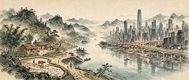 水墨风格插画，体现时代巨变沧海桑田的意境，画面左侧是古老的农耕乡村，茅屋炊烟、耕牛农夫、青石板路；画面右侧是现代化的摩天大楼城市群，高铁穿梭、霓虹闪烁、高架桥纵横；中间以一条蜿蜒的河流自然过渡，从古代到现代时空交融，远山如黛，云雾缭绕，中国传统水墨画意境，墨色浓淡层次丰富，大气磅礴的时空对比，水墨晕染效果，宣纸质感，国风韵味，历史变迁的厚重感
