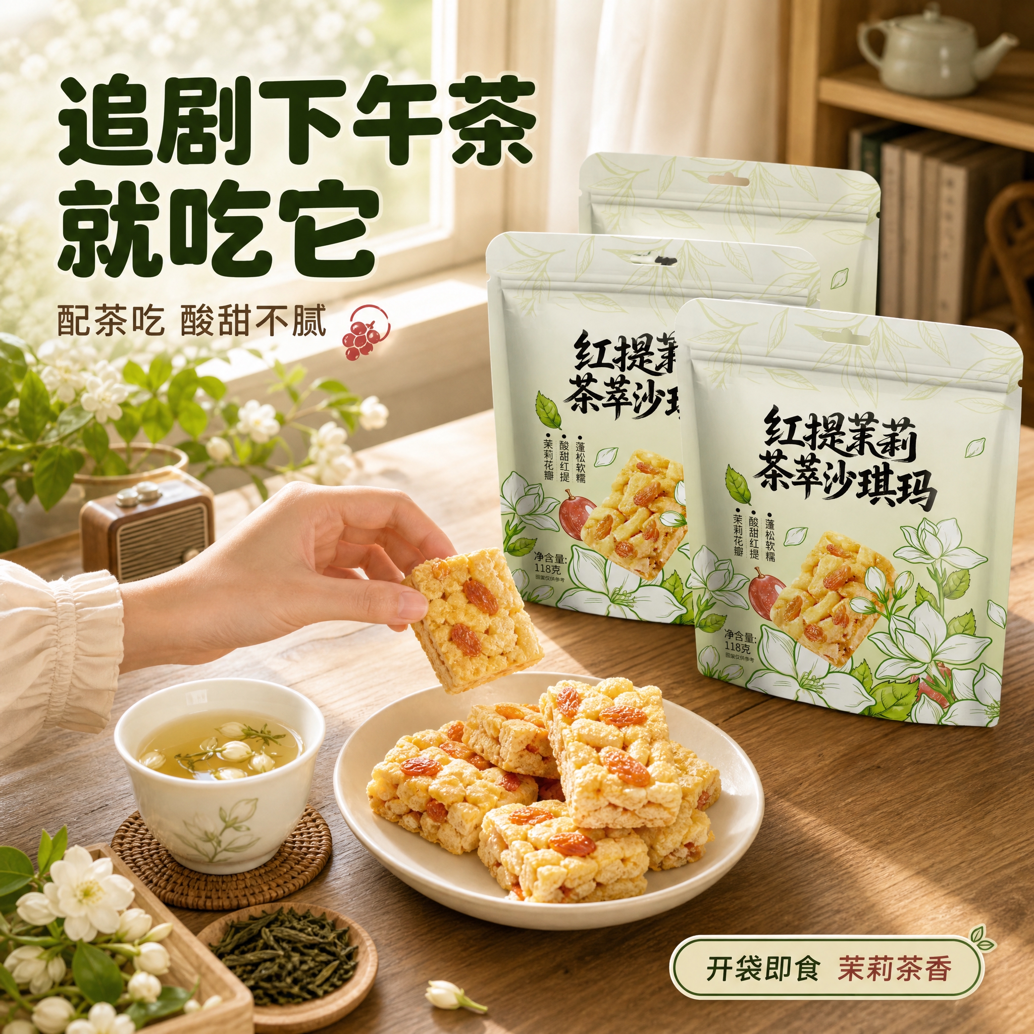 [主图-4] 场景与体验：追剧下午茶食用场景，手部拿取沙琪玛，… - 图片创意预览