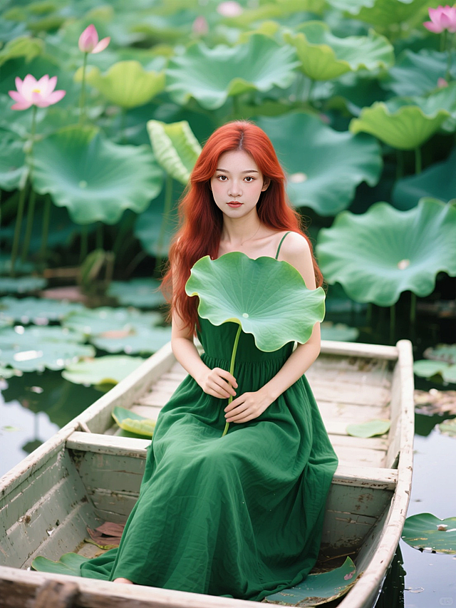 高清人像，专业人像摄影。虚实结合，画面氛围渲染。绿色主题，绿色长裙子，坐在荷花池中间的船头上，手持荷叶。85定焦镜头拍摄，影楼摄影效果。正面人像