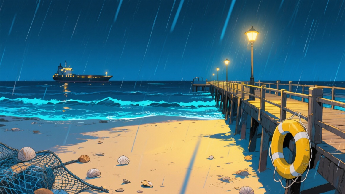 港风二次元，黑夜下雨海边，,安点，细节丰富，蓝色为主、黄色为辅，生成2张，不要人，4k，16:9预览效果
