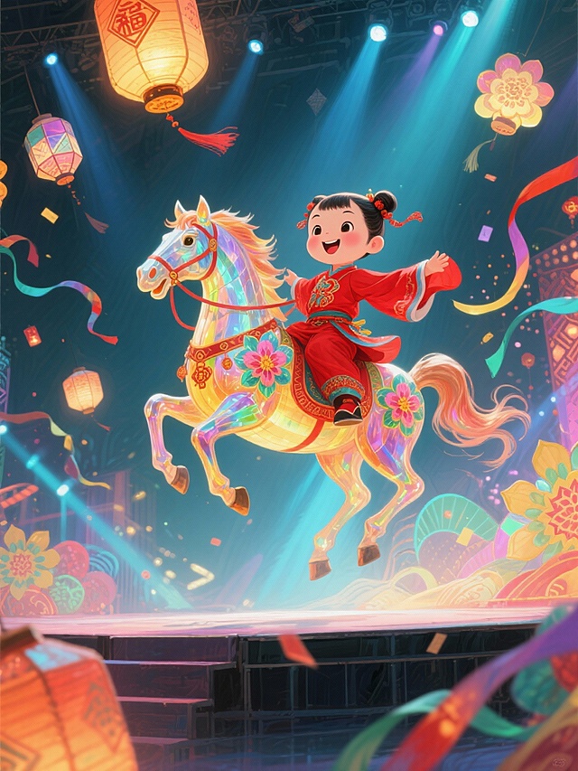 空中穿红衣传统服饰的福娃骑着马造型的巨型花灯，在国潮舞台上空旋转跳跃，动作活泼灵动。背景是舞台灯光秀与动态光影，空中漂浮着国潮风的几何花灯与彩带，整体呈现时尚、动感、喜庆的舞台效果。