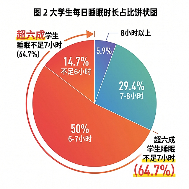 生成标注为“图 2 大学生每日睡眠时长占比饼状图”，数据：8小时以上占5.9%、7-8小时占29.4%、6-7小时占50%、不足6小时占14.7%，可视化体现超六成学生睡眠不足7小时，清晰专业的饼图设计