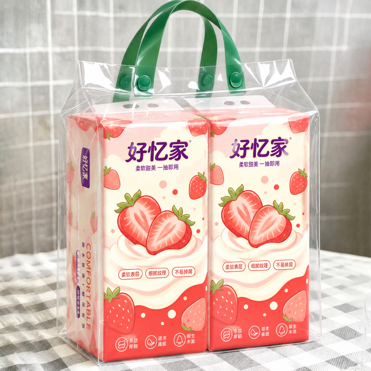 将图中所有悬挂式面巾纸包装的图案全部替换为第一张白底图中的草莓… - 图片创意预览