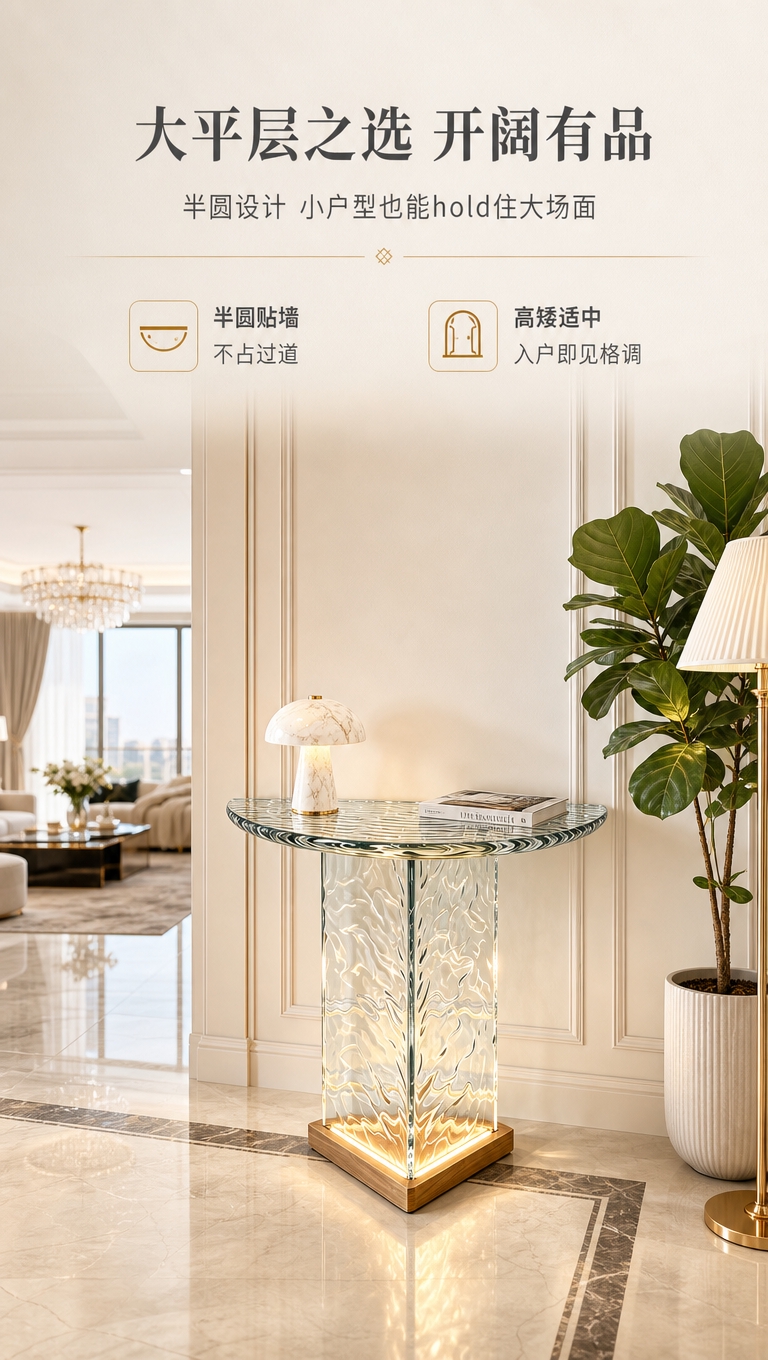 [商品] 使用【图1】水波纹玻璃半圆玄关桌，实木底座带向上发光… - 图片创意预览