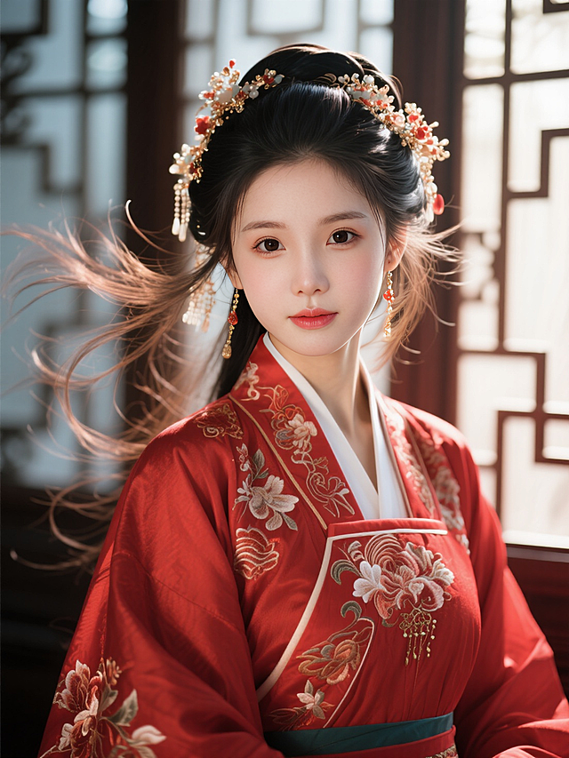 人物穿上古风中式红色嫁衣，发饰精美正面对着镜头，逆光发丝飞舞，特写镜头，中式窗户背景，浓妆，喜庆氛围