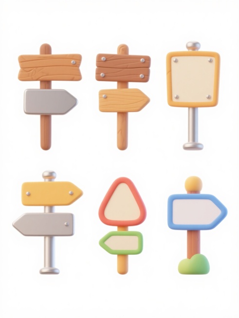 六个不同样式、不同材质、不同风格的卡通指示牌，白色背景，排列整齐，无文字，整体为简洁的卡通风格，线条圆润流畅，色彩明快，指示牌具有木质、金属、塑料等不同材质的视觉质感，每个指示牌的形状和装饰细节各不相同，保持统一的卡通绘画风格，画面干净整洁，视觉效果清晰。预览效果