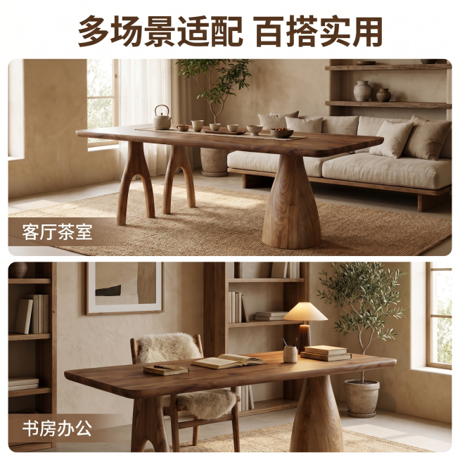 [主图 6] 侘寂风实木茶桌多场景适配展示。
[氛围风格] 温馨治愈多空间展示，百搭属性。
[画质] 商业摄影质感、光线柔和通透、产品清晰真实、画面干净高级。
[元素] 采用上下两宫格拼图，上图展示茶预览效果