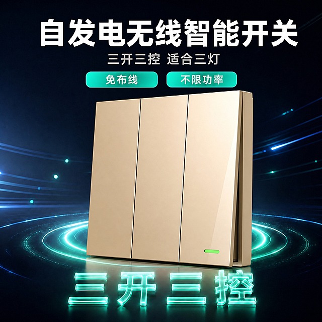 修改这张三开三控香槟金主图：1. 顶部大标题「自发电无线开关」改为「自发电无线智能开关」，字体大小和白色粗体风格不变；2. 在副标题下方添加两个卖点标签，左右排列：左侧「免布线」右侧「不限功率」，均为青绿色圆角标签配白色文字，位置在副标题和产品之间，不遮挡产品；3. 香槟金三开产品表面处理得更光滑细腻，去除磨砂颗粒感，呈现光滑亮面的香槟金质感，有细腻高光反射，产品颜色和结构不变；4. 底部水晶发光字「三开三控」、背景光效、发光圆环等其他所有元素保持不变。