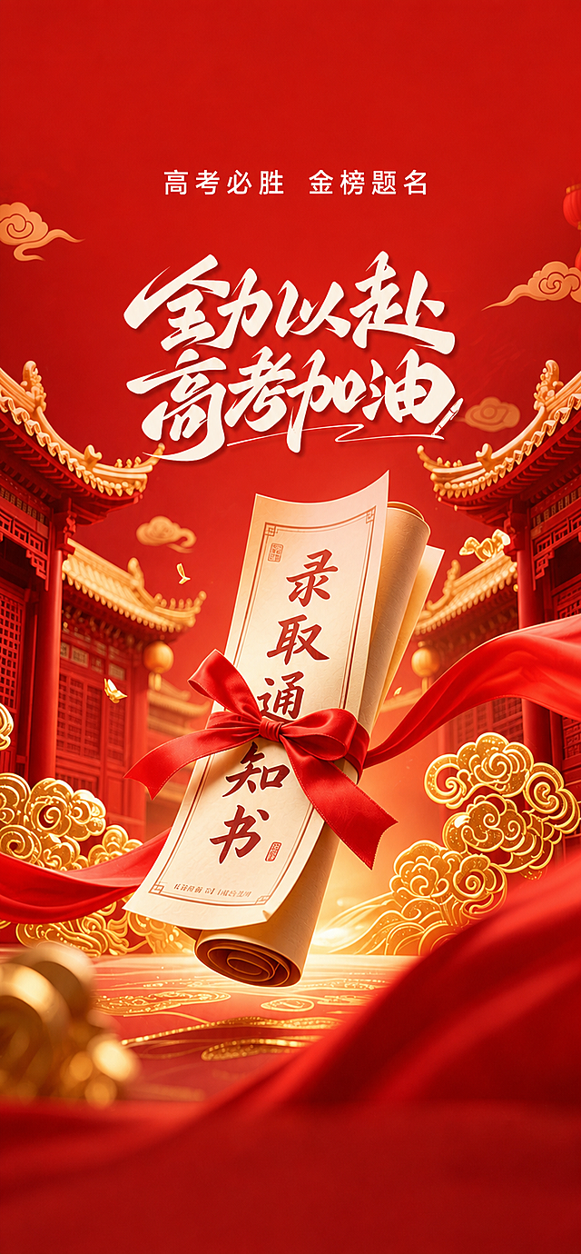 参考原图片的红色喜庆国潮风格，保留录取通知书、红色蝴蝶结、金色中式建筑、金色祥云元素，将'全力以赴高考加油'文字向下挪动20%，去掉所有LOGO水印，去掉底部的金榜题名spring best time文字，保留'高考必胜 金榜题名'文字，保持整体画面协调美观