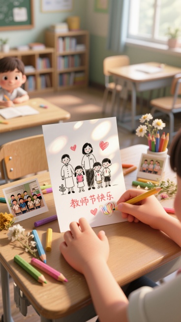 特写镜头，一双小孩子的双手正在课桌上精心绘制一张手工教师节贺卡，贺卡上画着老师和学生的简笔画，写着“教师节快乐”。桌面上散落着彩色铅笔、蜡笔、干花和一张小小的班级合影照片。背景虚化，可以看到教室的图书预览效果