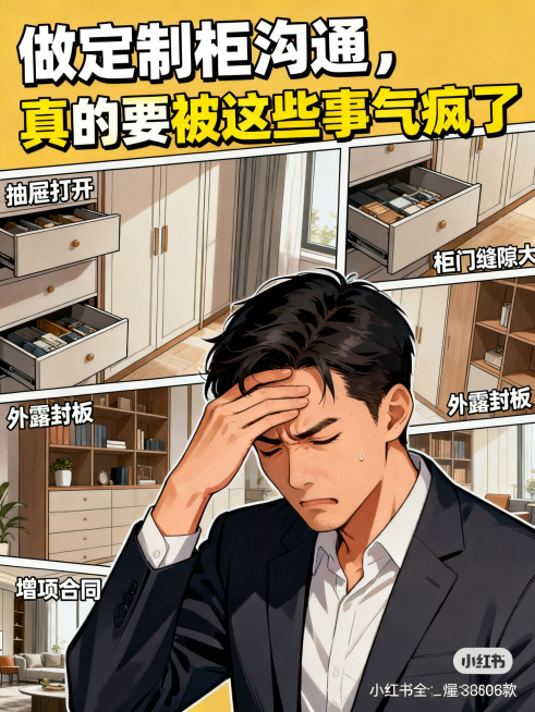 日系写实漫画风格，30岁左右男性全屋定制老板，无奈扶额叹气，表情崩溃抓狂，背景是抽屉打不开、柜门缝隙大、外露封板、增项合同等定制柜翻车场景拼接，画面上方有醒目粗体字“做定制柜沟通，真的要被这些事气疯了预览效果