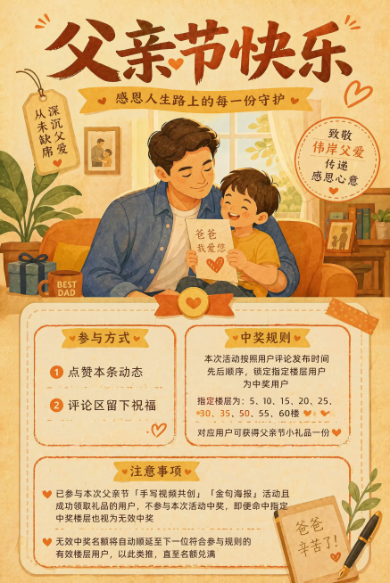 基于两张输入图生成父亲节公众号长图海报：图1为主视觉插画（父亲与孩子温馨场景，顶部大字‘父亲节快乐’，下方预留米色虚线边框文字区）；图2为活动规则文本。请重新设计文字排版——采用三区布局：左上‘参与方预览效果