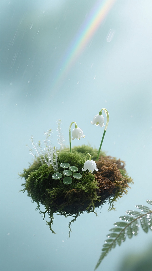 俯视角构图，清晨五点的微光从画面顶部45度角斜射而下，在70%留白的淡青色雾霭背景中，一小块由三种层次的苔藓构成的微型生态系统悬浮于虚空——深绿的绒叶藓铺成基底，点缀着珍珠光泽的圆叶藓，几株半透明的白发藓如微型森林般挺立。三朵仅指甲盖大小的白色铃兰错落分布，其中一朵正以肉眼难察的速度舒展花瓣，露珠在卷曲的花尖折射出彩虹光谱。右下角一缕虚化的蕨类叶片自然垂落，边缘泛着被露水打湿的银边，整个画面沐浴在透过晨雾的柔和天光中，空气里悬浮着肉眼可见的细微孢子尘埃，色调以薄荷青为基底，点缀着苔藓的赭石棕与铃兰的象牙白，营造出雨后初晴的静谧呼吸感。