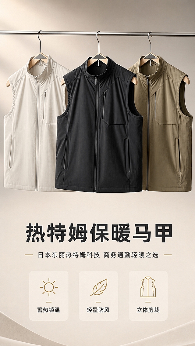 [商品] 使用【图1】黑色马甲、【图2】米白色马甲、【图3】卡其色马甲；商品处理：保留立领、主拉链、胸袋、侧袋、版型结构与三色面料；自然去除衣身杂乱褶皱，理顺垂坠，增强面料纹理、缝线、拉链五金质感，不改变版型和颜色。
[画面] 目标：多色同框功能头图，突出热特姆保暖马甲的商务通勤定位与三色可选。构图：上半区主视觉，三色马甲错落悬挂展示，黑色居中，米白与卡其分列两侧，产品占画面60%；下半区留白放置文案。景别：中景，马甲完整展示。阅读动线：从上到下，先看产品再读卖点。前中后景：前景柔和光影、中景马甲主体、后景浅灰渐变高级背景。
[视觉] 套系策略：风格=高级商务通勤商业摄影；标题字=现代无衬线粗黑体；正文字=简洁无衬线体；主色=深炭灰+暖米杏；背景延展=基于暖米杏做深浅层级、同色渐变和细腻哑光质感；强调色=暖棕金，仅用于小面积图标、引线和标签；标题色=深炭灰；正文色=中暖灰；组件=圆角浅底信息卡、细线引线；光影=左前侧暖柔光，柔和阴影。
[文字] 主标题「热特姆保暖马甲」，副标题「日本东丽热特姆科技 商务通勤轻暖之选」，下方3个短卖点：「蓄热锁温」「轻量防风」「立体剪裁」。文字位于画面下半区居中，不遮挡马甲主体、领口和拉链。
[规格] 图片比例9:16竖版，4K分辨率，避免变形、错字、文字过小、冷蓝背景、衣服颜色改变、版型失真、极限词。
