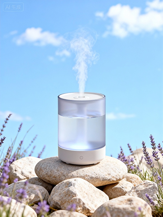 清新自然与科技融合，3D轻拟物风设计，玻璃质感雾化器置于石堆之上，紫花环绕，蓝空白云映衬，营造静谧舒适、未来感十足的虚拟自然场景。