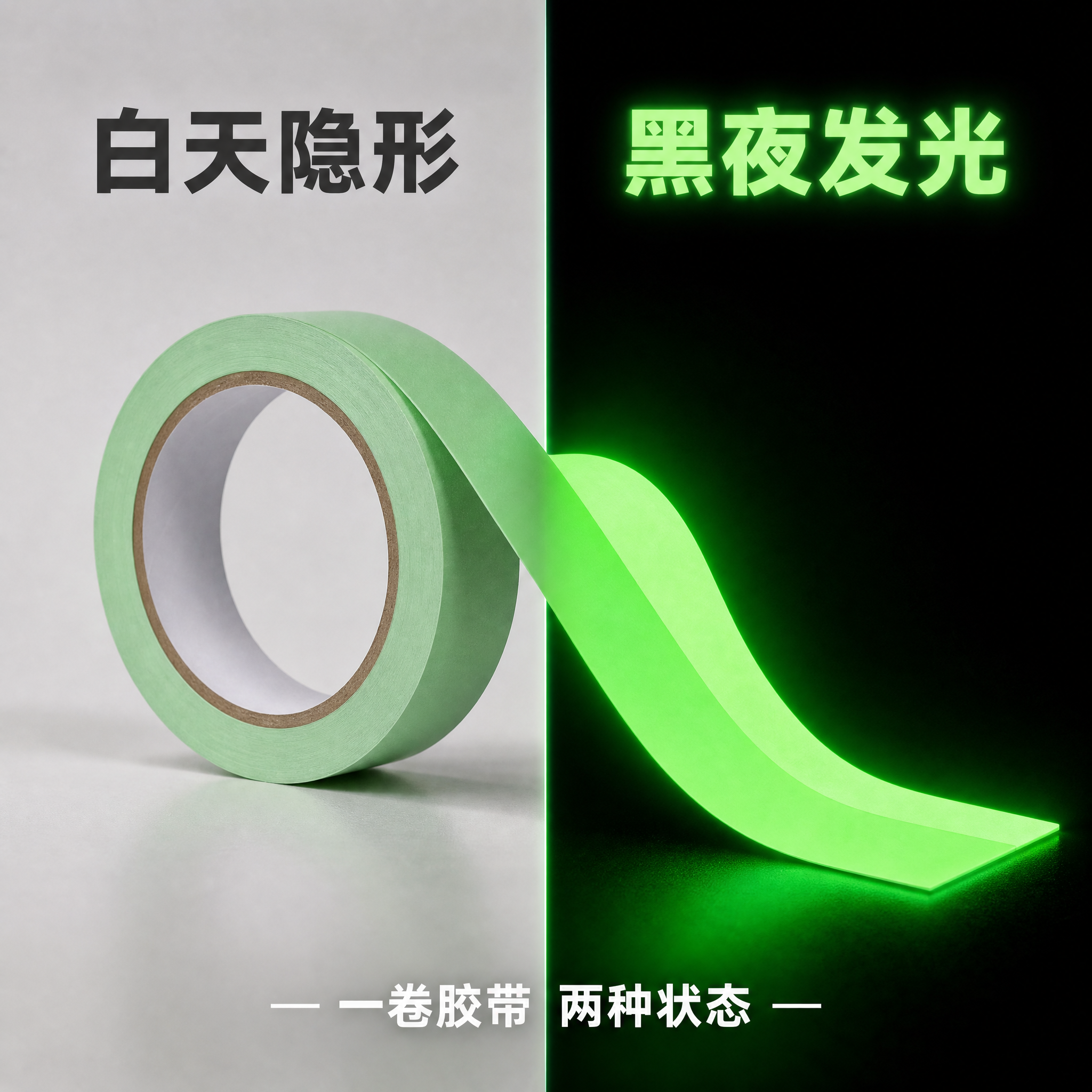 [主图-1 对比冲击型] 夜光胶带首图，左右分割对比白天与黑夜… - 图片创意预览