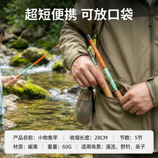 基于提供的商品图，生成拼多多电商主图，商品为小物鱼竿，保持鱼竿外观与原图完全一致，风格是口袋便携亲子野钓溪流风格。主图5展示：将收缩后的小物鱼竿和口袋对比尺寸，突出“超短便携 可放口袋”的核心特点，画预览效果