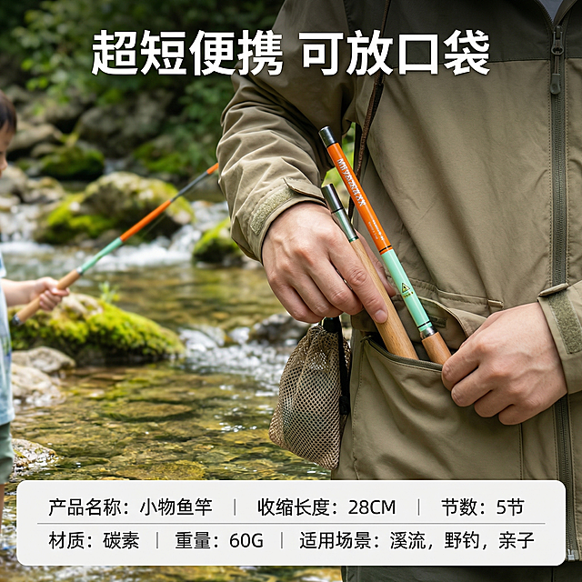 基于提供的商品图，生成拼多多电商主图，商品为小物鱼竿，保持鱼竿外观与原图完全一致，风格是口袋便携亲子野钓溪流风格。主图5展示：将收缩后的小物鱼竿和口袋对比尺寸，突出“超短便携 可放口袋”的核心特点，画面底部标注产品核心规格信息，整体简约清晰，1:1构图