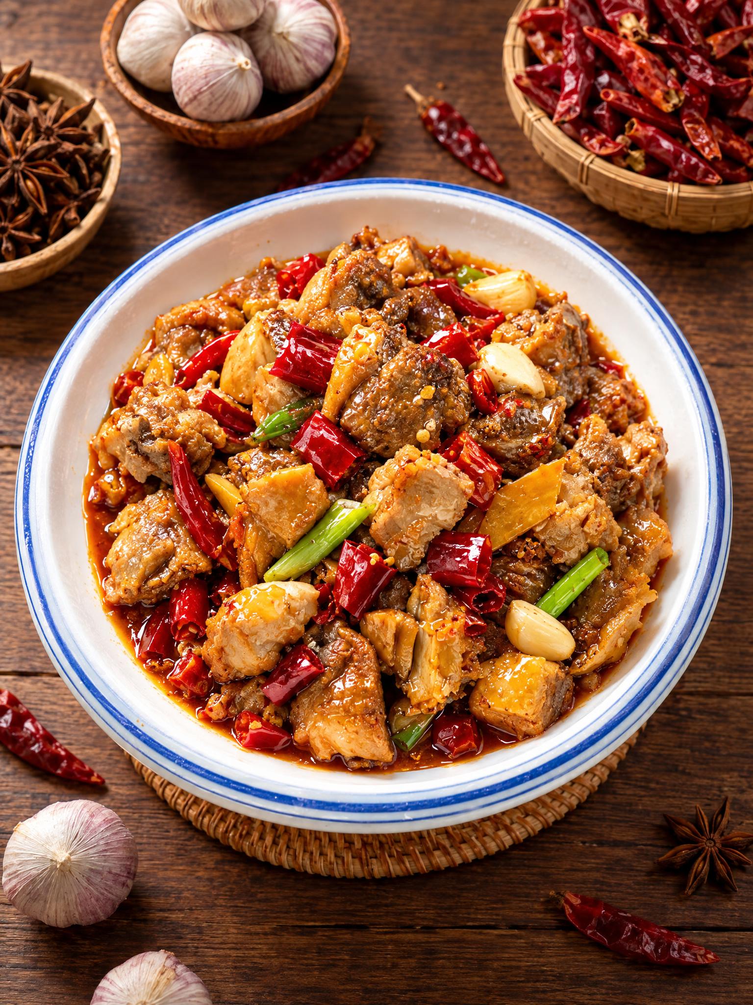 基于参考图中的红烧鸡块菜品，生成60度俯拍角度的美食摄影图，保… - 图片创意预览