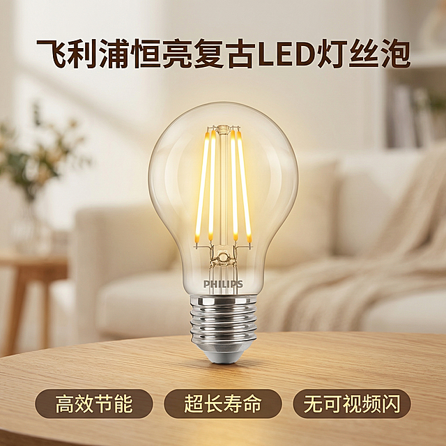 [主图 1] 飞利浦恒亮复古LED灯丝泡产品首图
[氛围风格] 温馨舒适家居治愈风，暖光氛围感，柔和自然
[画面元素] 商业摄影质感、光线柔和通透、产品清晰真实、画面干净高级。飞利浦复古LED灯丝泡居中放置，点亮状态，暖黄色光线从灯丝透出，放置在浅原木色木质桌面，背景是温馨简约的浅奶白色客厅空间，光影柔和温暖，细节清晰，保留产品外观和原图一致。
[配色色系] 主色调：暖黄（灯光）、原木色（桌面）；辅助色：奶白色（背景）、透明玻璃光泽
[视角构图] 平视中心构图，景深适中，背景虚化突出产品主体
[文字版式] 顶部居中放置主标题，下方放置三个核心卖点胶囊标签。主标题 "飞利浦恒亮复古LED灯丝泡" 深棕色最大号无衬线粗体；三个卖点分别为 "高效节能" "超长寿命" "无可视频闪" 使用圆角半透明深棕底浅黄字标签，横向均匀排列在产品下方。文字不遮挡产品主体。
[比例分辨率] 1:1 比例，2k 分辨率；文字清晰可辨，超高清。
[负向提示词]变形，水印，文字错乱，产品图模糊，背景杂乱，文字遮挡主体