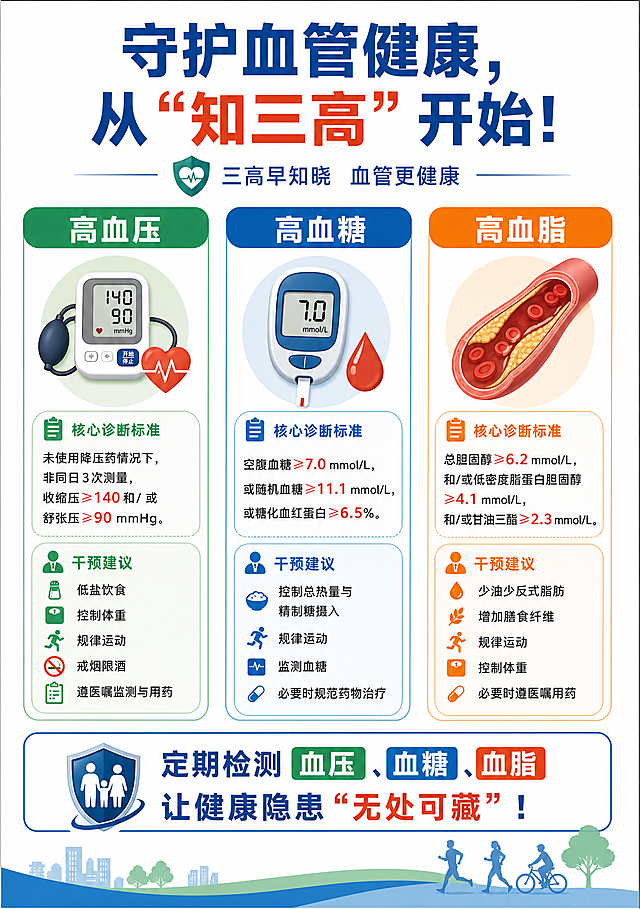 A4尺寸健康科普海报，标题：“守护血管健康，从“知三高”开始！”，将高血压、高血糖、高血脂三大部分并列排序排版，包含核心诊断标准和干预建议，保留底部口号“定期检测血压、血糖、血脂，让健康隐患“无处可藏”！”，风格比上一版更简洁清晰，信息层级分明，医疗科普风格
