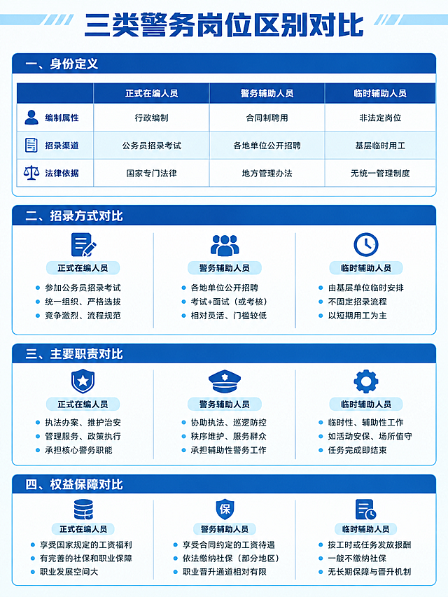 蓝白风格信息图长图，主题为「三类警务岗位区别对比」，整体干净整洁、专业美观，竖版3:4比例。画面顶部大标题：「三类警务岗位区别对比」，深蓝色粗体字，白色背景配淡蓝色顶部装饰条。下方分为四个模块，每个模块有蓝色模块标题栏，白色内容区，模块之间有淡蓝色分隔线。模块一标题「一、身份定义」，下方是三列对比表格，列头从左到右分别为「正式在编人员」「警务辅助人员」「临时辅助人员」，每列内容用简洁要点呈现：第一列：编制属性-行政编制；招录渠道-公务员招录考试；法律依据-国家专门法律。第二列：编制属性-合同制聘用；招录渠道-各地单位公开招聘；法律依据-地方管理办法。第三列：非法定岗位、基层临时用工、无统一管理制度。表格用浅蓝色细边框，表头深蓝色底白字，内容区白底深灰字，行间隔浅蓝底色交替。整体风格扁平化、信息可视化、清晰易读、专业严谨。4K高清。