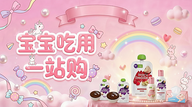 在现有图片基础上添加婴儿洗护用品元素，保持现有的宝宝辅食元素和整体粉色可爱卡通风格不变，同时保证宽度不超过2048px