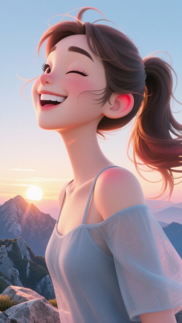 场景创意：山顶观日出后 · 被晨风吹得眯眼却忍不住笑的瞬间
镜头定格在一张年轻女子的面部特写上，框定自发际线至锁骨上方。她站在海拔两千多米的山巅岩石上，穿一件被晨风鼓起的柔灰蓝细纱罩衫，肩带滑落一侧，预览效果