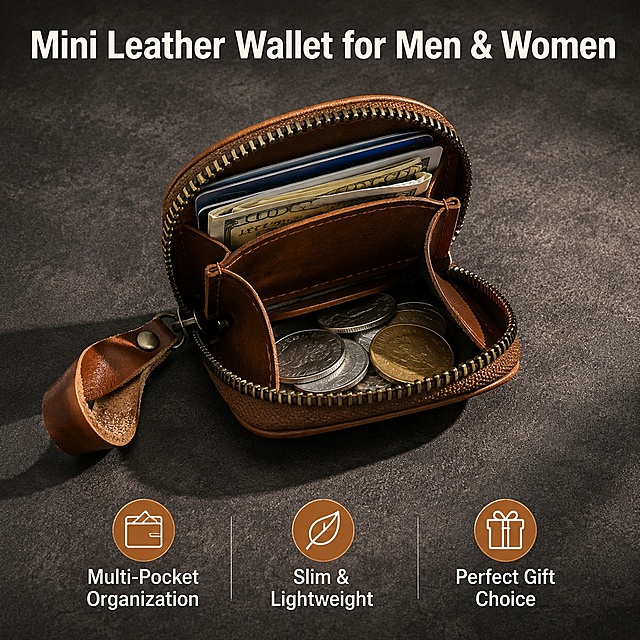 亚马逊跨境电商主图，1:1比例，棕色真皮零钱包打开状态展示内部结构，放置在深灰色绒面背景上，侧光突出皮革纹理质感，高端产品摄影风格，画面顶部有英文产品名称"Mini Leather Wallet for Men & Women"，底部有3条英文卖点："Multi-Pocket Organization"、"Slim & Lightweight"、"Perfect Gift Choice"，字体为无衬线粗体，清晰易读，整体风格专业精致，符合亚马逊平台主图标准，无白底