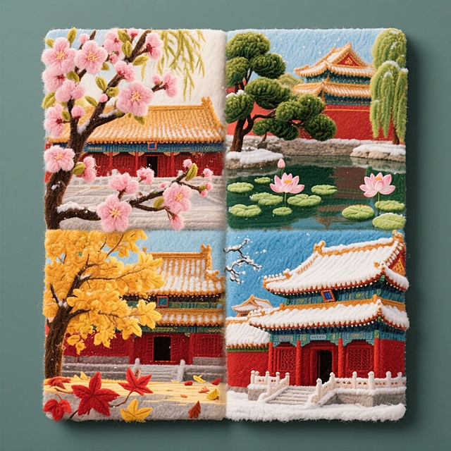 一幅四宫格画作，画面分为四个区域，分别展现故宫的春、夏、秋、冬四季标志性景致。左上角区域是春天的故宫，海棠花盛开，粉色的花朵点缀在枝头，柳枝轻拂；右上角区域是夏天的故宫，荷花在池塘中绽放，旁边有苍翠的松树；左下角区域是秋天的故宫，金黄的银杏叶和红色的枫叶飘落；右下角区域是冬天的故宫，红墙被白雪覆盖，屋顶上积着厚厚的白雪。整体画面具有细腻的毛毡纹理，光影温暖明亮，色彩鲜艳明快，充满喜庆富贵的氛围，无任何文字元素。