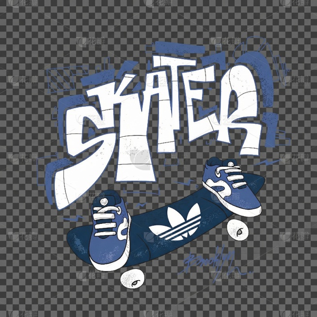 将背景改为透明，滑板修改为带有adidas三叶草LOGO的蓝色滑板，保留原插画风格、文字和鞋子不变预览效果