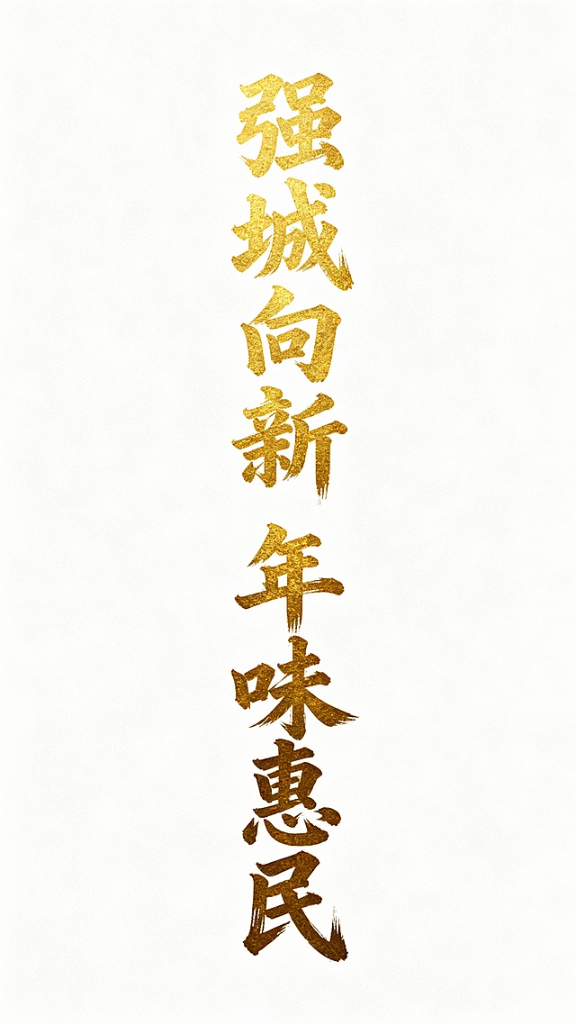 金色书法字体“强城向新 年味惠民” 竖版排列，纯色背景