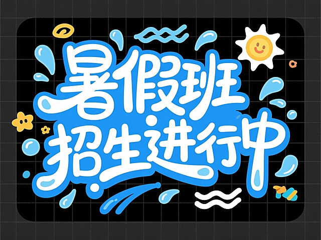 卡通风格暑假班招生宣传海报，主色调为明亮的蓝色系，搭配白色点缀，整体呈现轻松活泼的夏日氛围。画面核心是手写风格的艺术字“暑假班 招生进行中”，字体圆润饱满，笔画末端带有飘逸的曲线和水滴状装饰，字间距宽松舒适。文字周围环绕着蓝色的水花、气泡、波浪线和太阳图案等童趣元素，增强夏日清凉感。背景为透明，视觉层次清晰，信息传达直接高效，符合面向学生和家长的招生宣传目的，突出暑假的轻松愉快和学习机会。