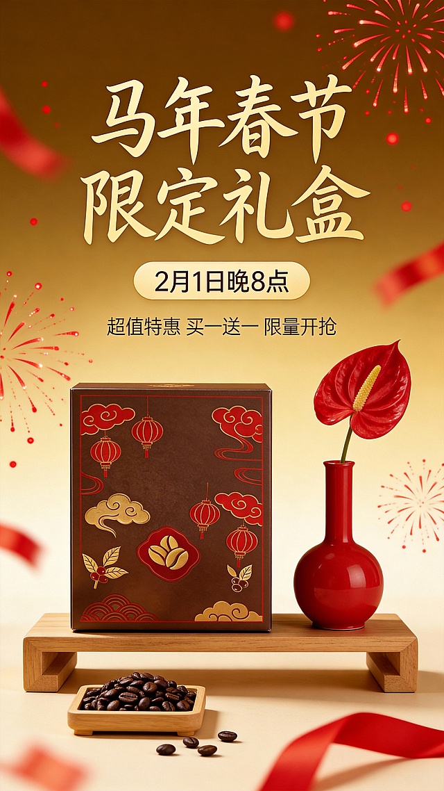 马年新春咖啡礼盒商品海报电商