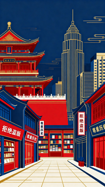 繁华的中国城市街头插画，国潮插画风格，扁平化矢量图，背景有传统古建筑和现代高楼融合，街道上有书店，画面中有“拒绝盗版”“尊重历史”的标语牌元素，色彩鲜艳，红蓝配色，深蓝色背景，中国红点缀，金色线条装饰预览效果