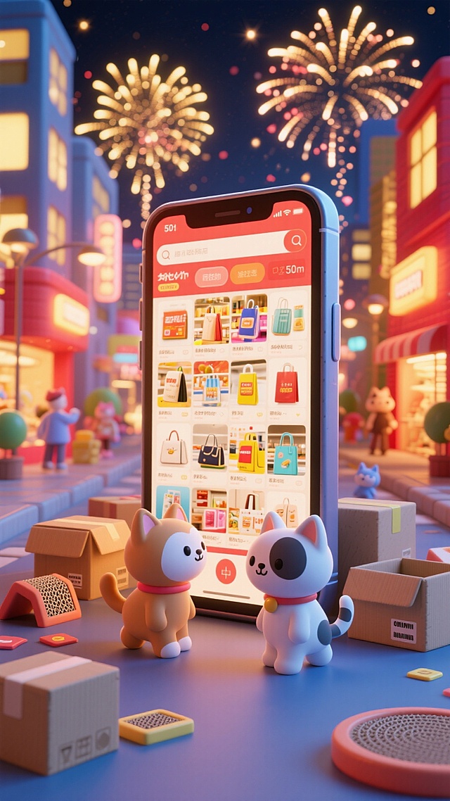 3D风微缩艺术场景，卡通猫咪环绕巨屏手机，霓虹灯映衬夜市烟花，科技感与喜庆氛围交融，梦幻可爱，虚拟现实购物体验。