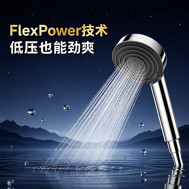 使用图中的花洒产品设计一张1:1尺寸的电商主图详情页，参考第二张图片的风格，使用深蓝色星空渐变背景，底部搭配水面和远山元素，添加文字“FlexPower技术 低压也能劲爽”，左上角放置文字，产品在画面右侧，喷出水流，添加透明水珠特效，整体风格科技感高级电商风