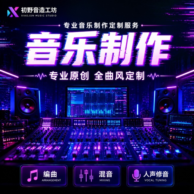 [主图-1] 专业音乐制作定制服务首图，核心宣传图。
[氛围风格] 赛博朋克霓虹风，科技感专业音乐工作室氛围，商业设计质感。
[画质] 超清画质，文字清晰锐利，画面干净高级，光影层次分明。
[元素]预览效果
