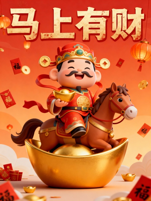 3D卡通风格，Q版骑着骏马的胖财神爷形象，图中主体被装在财神手上拿着金元宝。橙红色渐变背景，点缀漂浮的喜庆感春节元素，暖色调。顶部标题“马上有财” 复古大字字体预览效果