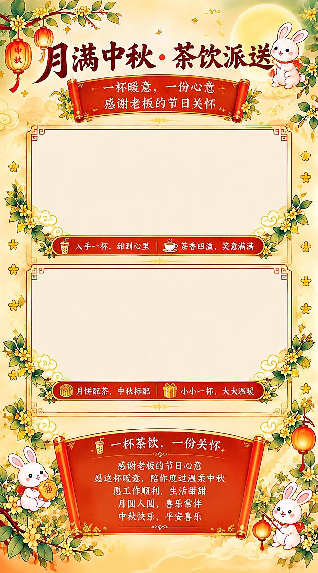 参考图的整体版式、国风中秋插画风格、暖黄底色、桂花枝、红灯笼、玉兔、卷轴、祥云等装饰元素全部保留，将海报内容修改为中秋茶饮派送主题，文字和结构替换为以下：

① 顶部标题区：
主标题："月满中秋 · 茶饮派送"
副标题第一行："一杯暖意，一份心意"
副标题第二行："感谢老板的节日关怀"
顶部保留圆月、玉兔、桂花枝、红灯笼装饰

② 照片区1（留空的大照片框，可放2张照片）：
框内底部文字标签："🧋 人手一杯，甜到心里  ☕ 茶香四溢，笑意满满"
照片框为带精美装饰边框的空白矩形区域，尺寸较大

③ 照片区2（留空的大照片框，可放2张照片）：
框内底部文字标签："🥮 月饼配茶，中秋标配  🎁 小小一杯，大大温暖"

两个照片区纵向排列，每个照片框都比较大，方便放多张照片

④ 底部祝福区（底部卷轴横幅，内容更丰富）：
"🧋 一杯茶饮，一份关怀"
"感谢老板的节日心意"
"愿这杯暖意，陪你度过温柔中秋"
"愿工作顺利，生活甜甜"
"月圆人圆，喜乐常伴"
"中秋快乐，平安喜乐"

整体保持参考图的暖黄色调、国潮插画风、可爱玉兔形象、桂花祥云装饰元素，照片留空区域清晰充足，文字清晰易读，排版整齐美观，温暖治愈的节日氛围