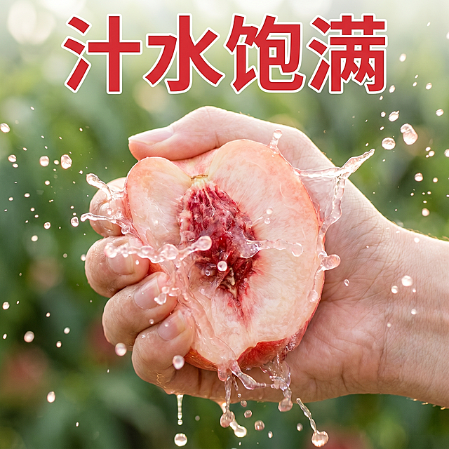 [主图 4] 水蜜桃爆汁体验场景主图，突出多汁特点代入感。
[氛围风格] 动态真实，现场感强，强化爆汁诱人印象。
[画质] 商业高速摄影质感，动态瞬间清晰，产品真实诱人，画面干净高级。
[元素] 保持水蜜桃颜色和质地与输入产品图绝对一致。展示手捏水蜜桃爆汁的瞬间，汁水从切口飞溅出来，动态捕捉水珠，手和水蜜桃搭配，背景浅绿虚化果园环境，商品主体占比65%左右，画面满屏无边框。
[光影] 自然逆光，打亮飞溅的果汁水珠，呈现晶莹剔透效果，轮廓光突出水蜜桃立体感，光影通透自然。
[配色] 主色调粉嫩水红搭配浅绿背景，动态水珠高光提亮视觉。
[视角构图] 平视抓拍视角，动态聚焦水蜜桃和飞溅汁水，视觉冲击力强。
[文字版式] 上方留白处写大字"汁水饱满"，红色粗体，不遮挡动态主体。
[比例分辨率] 1:1比例，2k分辨率；文字清晰可辨，超高清。
[负向提示词] 变形，水印，文字错乱，产品图模糊，背景杂乱，牛皮癣，配色刺眼，遮挡主体