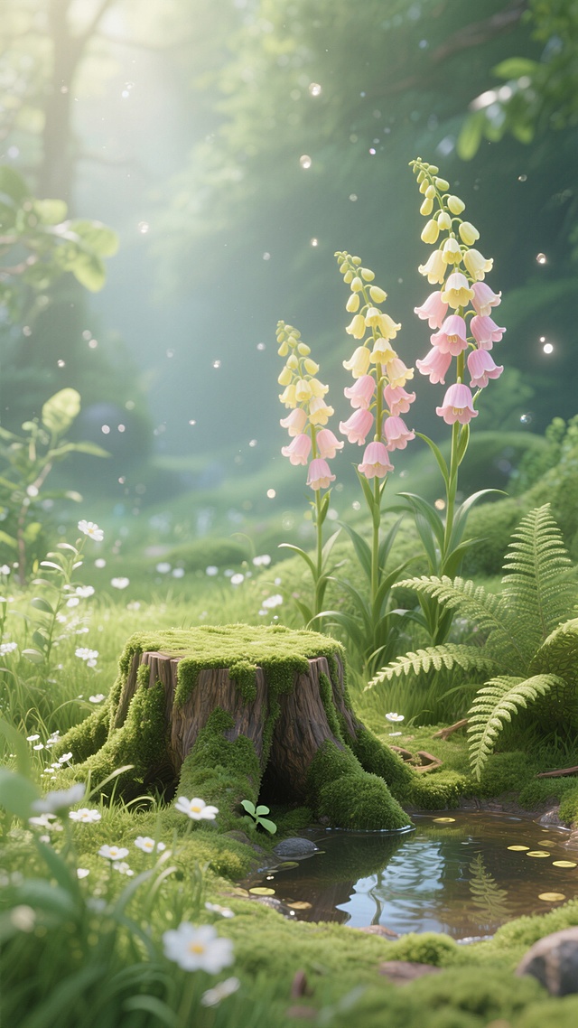 微观生态场景。特写一个绿色苔藓覆盖的平放的矮矮的树墩，居中。一小汪清澈小水洼，搭配蕨类植物、三丛巨大的浅浅的粉色和黄色高高下垂的铃兰花集中在树墩右侧，高低错落，周围环绕各类翠绿草本植物和白色小花，空中有一些亮晶晶的尘光；光线柔和自然清亮，整体清新静谧