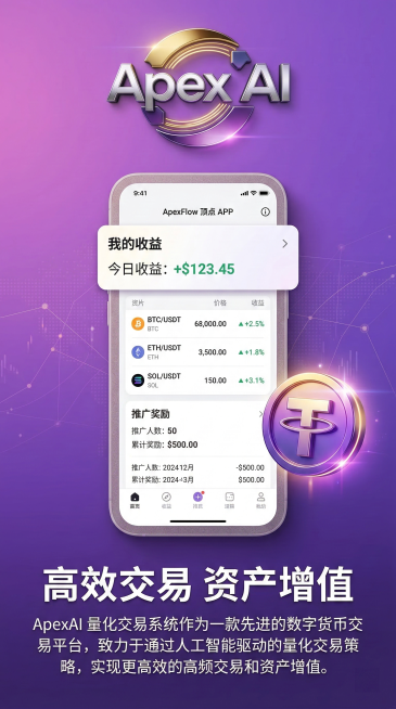 竖版科技金融风海报，1080×1920像素，主题为ApexAI量化交易平台，紫粉色渐变背景，整体高端专业，排版对称规整。顶部占画布上方1/5，居中放置用户提供的正确ApexAI logo，logo清晰预览效果