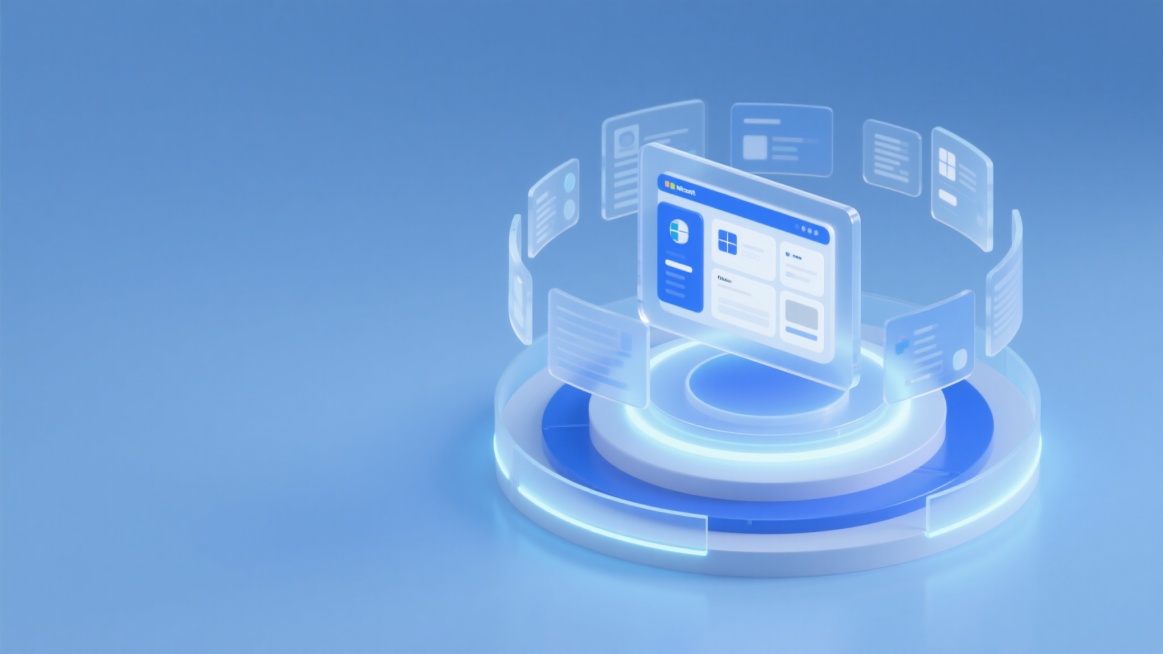 干净的浅蓝微软风背景，左侧主体为圆形的多层底座，一圈镭射光环，底座上方悬浮很多大数据界面，环状围绕在底座之上，其中一个中心位置的界面最大，UI设计，主色调以蓝白为主，通透的质感，OC渲染，未来科技感，预览效果