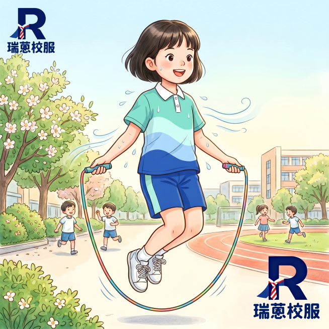 修改这件衣服，改成参考图里的三水校服，白色polo翻领，衣身带有青绿色浅蓝色深蓝色波浪条纹，polo领是白色不要蓝色领子，将瑞蒽校服logo移动放置到画面左上角位置，保持小学语文插画风格，小学生跳绳场预览效果
